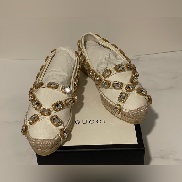 Gucci Pepita Crystal Embellished White Canvas Platform Espadrilles Size 38 EU
